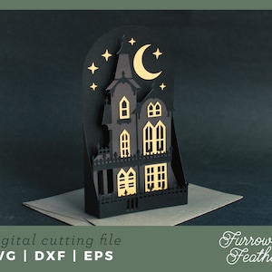 de Carte de visite maison hantée d'Halloween | 3D Papercut SVG carte coupe fichier | Cricut Silhouette DIY