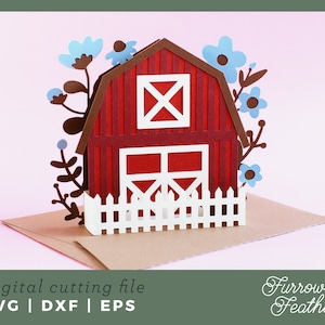 Barn with Flowers Pop Up Box Card Template | 3D Papercut SVG Card Cut File | Cricut Silhouette DIY