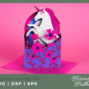 Spring Wildflower Unicorn Box Card Template | 3D Papercut SVG Card Cut File | Cricut Silhouette DIY