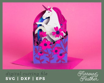 Spring Wildflower Unicorn Box Card Template | 3D Papercut SVG Card Cut File | Cricut Silhouette DIY