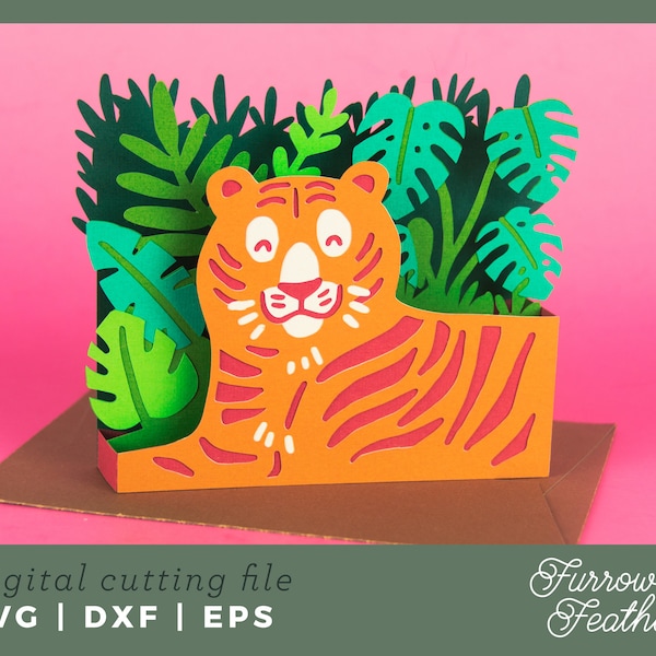 Modèle de carte de boîte de tigre de jungle | Fichier de coupe de carte SVG Papercut 3D | Cricut Silhouette DIY