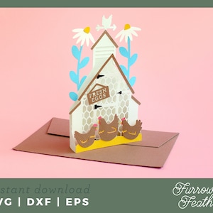 Kaartsjabloon kippenhok pop-updoos | 3D Papercut SVG Card Cut-bestand | Cricut silhouet DIY