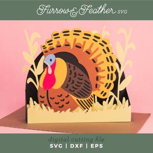 May include: A colorful papercraft turkey with a fanned tail, set against a pink background. The turkey features shades of brown, orange, yellow, red, and blue. The image includes the text "Furrow & Feather SVG" and "digital cutting file SVG | DXF | EPS".
