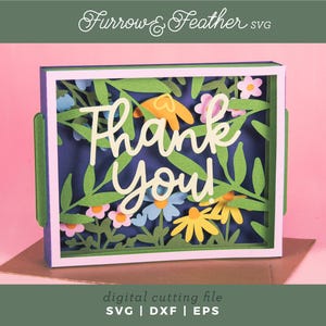 Tarjeta de agradecimiento en capas con flores / Tarjeta de agradecimiento 3D SVG / Archivo de corte de tarjeta SVG de corte de papel 3D / Cricut Silhouette DIY