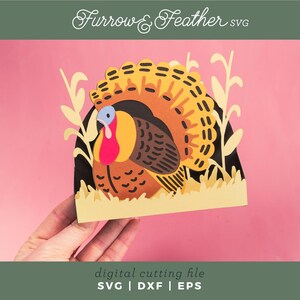 May include: A colorful paper turkey cutout with a yellow, orange, and brown feathered tail, a red wattle, and a blue head. The image includes the text "Furrow & Feather SVG" and "digital cutting file SVG | DXF | EPS".