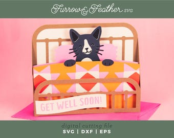 3Dお見舞い猫カードSVG：ペーパーカットお悔やみカード（デジタルダウンロード）