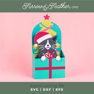 Weihnachtskarte svg - Gift Box Cat | Pop Up Karte SVG | 3D Papierschnitt SVG Karte Schnitt Datei | Cricut Silhouette DIY