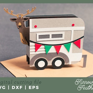 de Noël avec boîte latérale de remorque de renne | 3D Papercut SVG carte coupe fichier | Cricut Silhouette DIY
