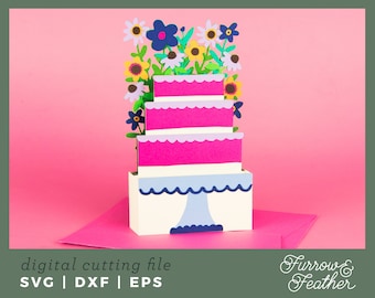 Wildflower Birthday Cake Box Card Template | 3D Papercut SVG Card Cut File | Cricut Silhouette DIY