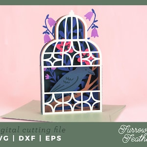 Tarjeta de cuervo de Halloween en jaula gótica / Tarjeta desplegable SVG / Archivo de corte de tarjeta SVG de corte de papel 3D / Cricut Silhouette DIY