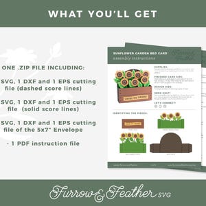May include: Digital download of Sunflower Garden Bed Card assembly instructions. The image shows a zip file including SVG, DXF, and EPS cutting files with dashed and solid score lines, and a 5x7" envelope file, plus a PDF instruction file. The card features a sunflower design.