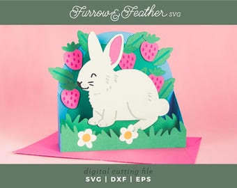 Tarjeta de conejito de Pascua 3D SVG: Tarjeta desplegable de fresa (descarga digital)