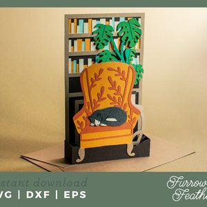 Modèle de carte de chat endormi avec boîte pop-up étagère | 3D Papercut SVG carte coupe fichier | Cricut Silhouette DIY