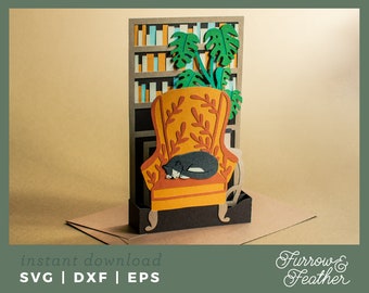 Sleeping Cat Bookshelf Pop Up Card Template: 3D SVG Cut File (Digital Download)
