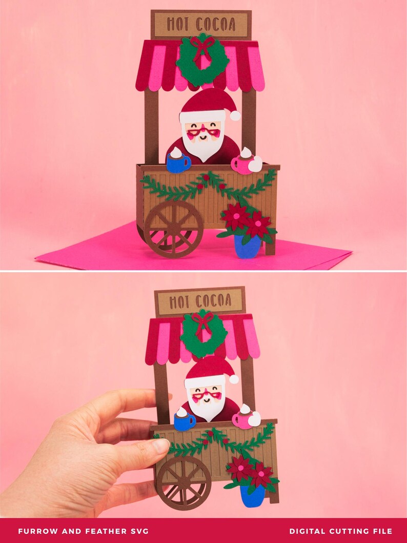 Santa Hot Cocoa Stand Christmas Card SVG: 3D Papercut Design (digital ...