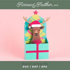Carte de Noël svg - coffret cadeau renne Rudolph | Carte pop-up SVG | 3D Papercut SVG carte coupe fichier | Cricut Silhouette DIY