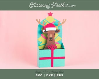 Tarjeta navideña desplegable de reno SVG: Caja de regalo recortada en papel 3D (descarga digital)