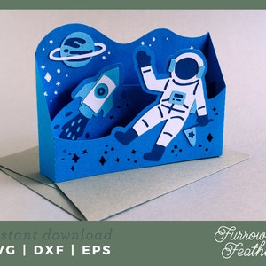 Kaartsjabloon astronaut in de ruimte pop-updoos | 3D Papercut SVG Card Cut-bestand | Cricut silhouet DIY