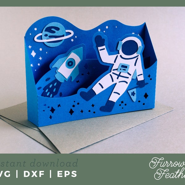 Astronaut in Space Pop Up Box Card Template | 3D Papercut SVG Card Cut File | Cricut Silhouette DIY