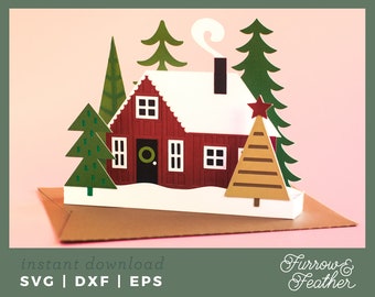 Holiday Cabin Pop Up Box Card Template | 3D Papercut SVG Card Cut File | Cricut Silhouette DIY