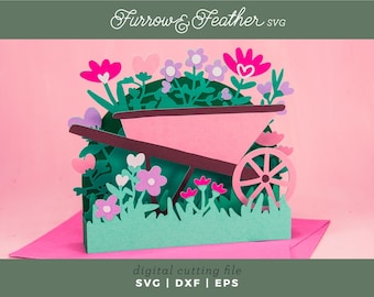 3D Wheelbarrow Heart Flowers Card SVG: Valentine's Day Papercut (Digital Download)