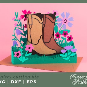 Wildflower Cowgirl Boots Box Card Template | 3D Papercut SVG Card Cut File | Cricut Silhouette DIY