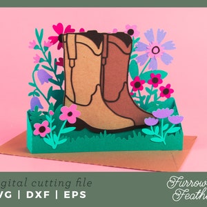 Wildflower Cowgirl Boots Box Card Template | 3D Papercut SVG Card Cut File | Cricut Silhouette DIY