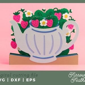 Strawberry Teapot Box Card | 3D Birthday Pop Up Card SVG | 3D Papercut SVG Card Cut File | Cricut Silhouette DIY