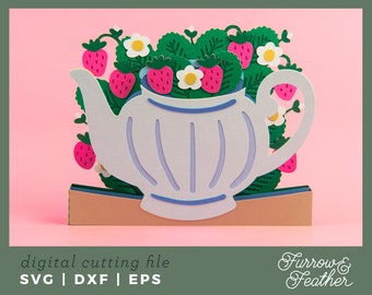 Strawberry Teapot Pop Up Card SVG | 3D Papercut Birthday Card (Digital Download)
