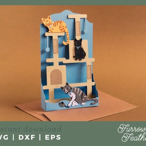 Cat Tree Pop Up Box Card Template | 3D Papercut SVG Card Cut File | Cricut Silhouette DIY