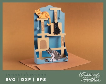 Cat Tree Pop Up Box Card Template | 3D Papercut SVG Card Cut File | Cricut Silhouette DIY