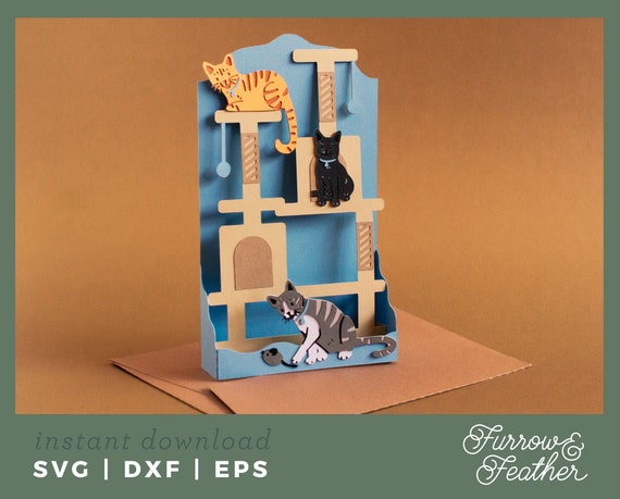 Cat Tree Pop Up Card Template: 3D Papercut SVG (Digital Download)