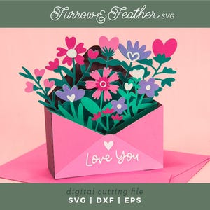 Je t'aime carte pop-up fleurs sauvages SVG : fichier 3D enveloppe carte (téléchargement numérique)