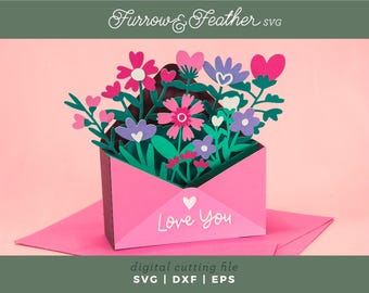 Love You Wildflower Pop Up Card SVG: 3D Envelope Card Cut File (Digital Download)