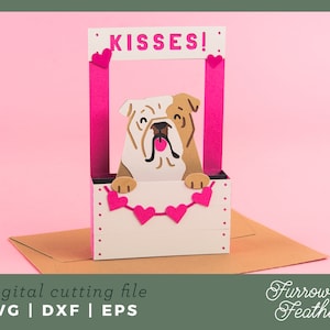 Plantilla de tarjeta de cabina de besos de bulldog inglés para el día de San Valentín / Archivo de corte de tarjeta SVG de corte de papel 3D / Cricut Silhouette DIY