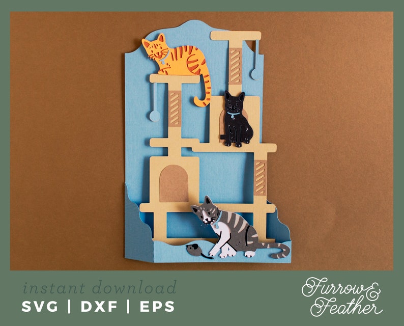 May include: A blue and brown cat tree with three levels. A yellow cat sits on the top level, a black cat sits on the middle level, and a gray cat sits on the bottom level. A small gray mouse toy is on the bottom level.