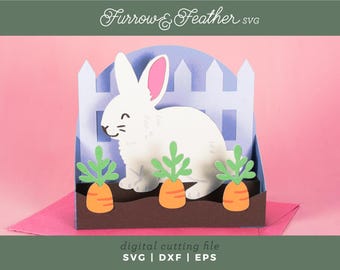 Tarjeta SVG 3D de conejo de Pascua con zanahorias: recorte de papel (descarga digital)