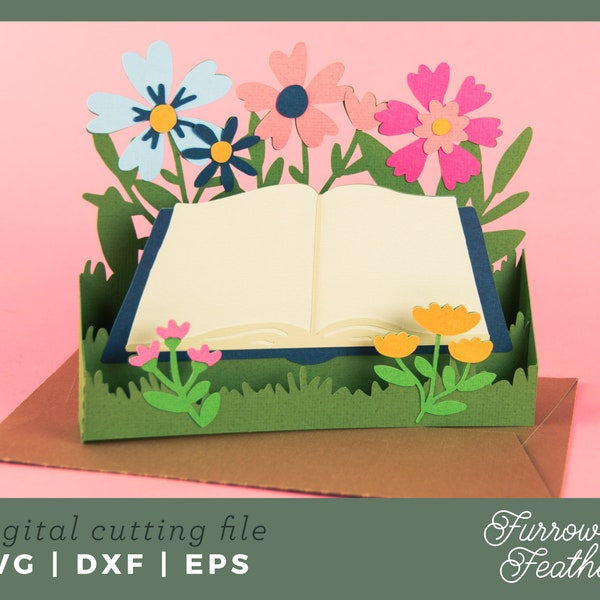 Book and Wildflowers Card | Pop Up Card SVG | 3D Papercut SVG Card Cut File | Cricut Silhouette DIY