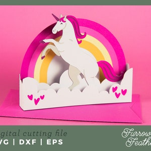 Frühling Regenbogen Einhorn Box Card Template | 3D Papierschnitt SVG Karte Schnitt Datei | Cricut Silhouette DIY