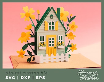 Wildflower Cottage Box Card Template | 3D Papercut SVG Card Cut File | Cricut Silhouette DIY