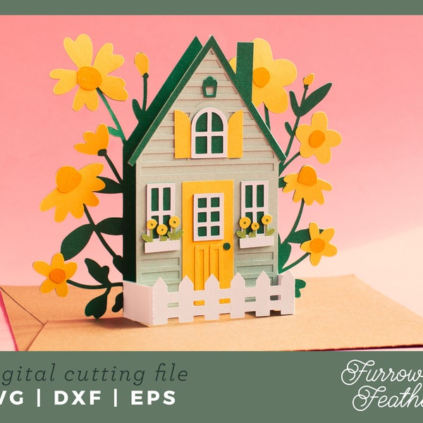 Wildflower Cottage Box Card Template | 3D Papercut SVG Card Cut File | Cricut Silhouette DIY