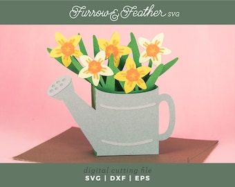 Tarjeta desplegable SVG con regadera de narcisos: archivo 3D para corte en papel (descarga digital)