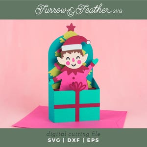 Tarjeta navideña svg - Elfo de caja de regalo / Tarjeta desplegable SVG / Archivo de corte de tarjeta SVG de corte de papel 3D / Cricut Silhouette DIY