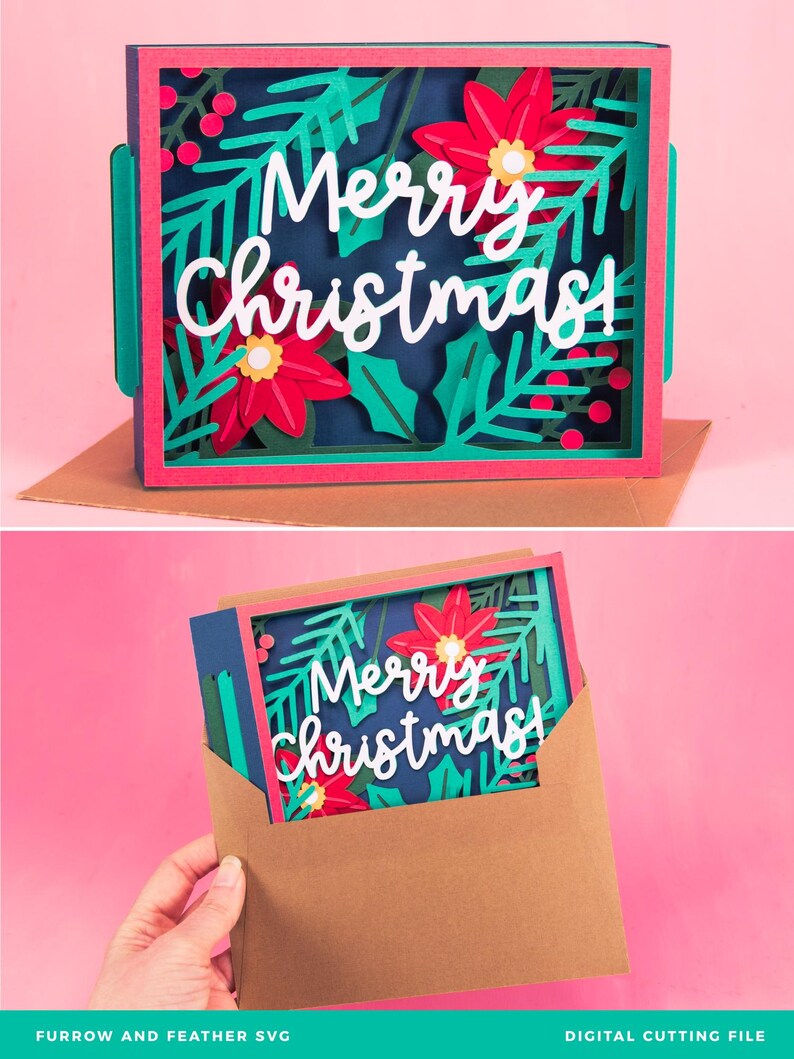 Może przedstawiać: Wielowarstwowa kartka świąteczna o świątecznym designie. Kartka ma ciemnoniebieskie tło z białym napisem "Merry Christmas!" otoczonym czerwonymi gwiazdami betlejemskimi, zielonymi liśćmi i czerwonymi jagodami. Kartka jest w brązowej kopercie.