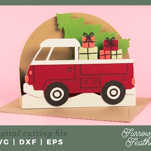 Camion mignon avec carte d'arbre de Noël | Carte pop-up SVG | 3D Papercut SVG carte coupe fichier | Cricut Silhouette DIY