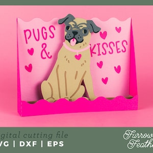 Plantilla de tarjeta de caja Pugs & Kisses / Tarjeta de San Valentín con Pugs SVG / Silueta Cricut DIY