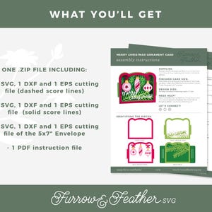 May include: A digital download product with instructions for a Merry Christmas ornament card. The image shows the assembly instructions and the included files: SVG, DXF, EPS cutting files, and a PDF instruction file. The card design features Christmas ornaments.