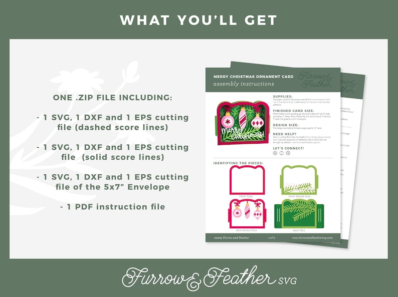 May include: A digital download product with instructions for a Merry Christmas ornament card. The image shows the assembly instructions and the included files: SVG, DXF, EPS cutting files, and a PDF instruction file. The card design features Christmas ornaments.
