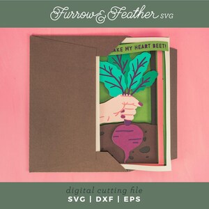 May include: A digital cutting file for a layered paper craft card featuring a beet with green leaves and the text "MAKE MY HEART BEET!" The card is designed to be cut with a cutting machine.