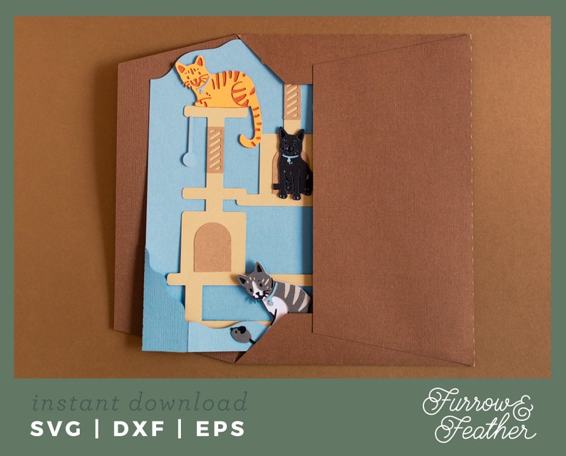 May include: A digital cut file design of a cat tree with three cats. The cats are orange, black, and gray. The design is in a blue and brown envelope. The text "instant download SVG | DXF | EPS" is at the bottom of the image. The text "Furrow & Feather" is at the bottom right of the image.